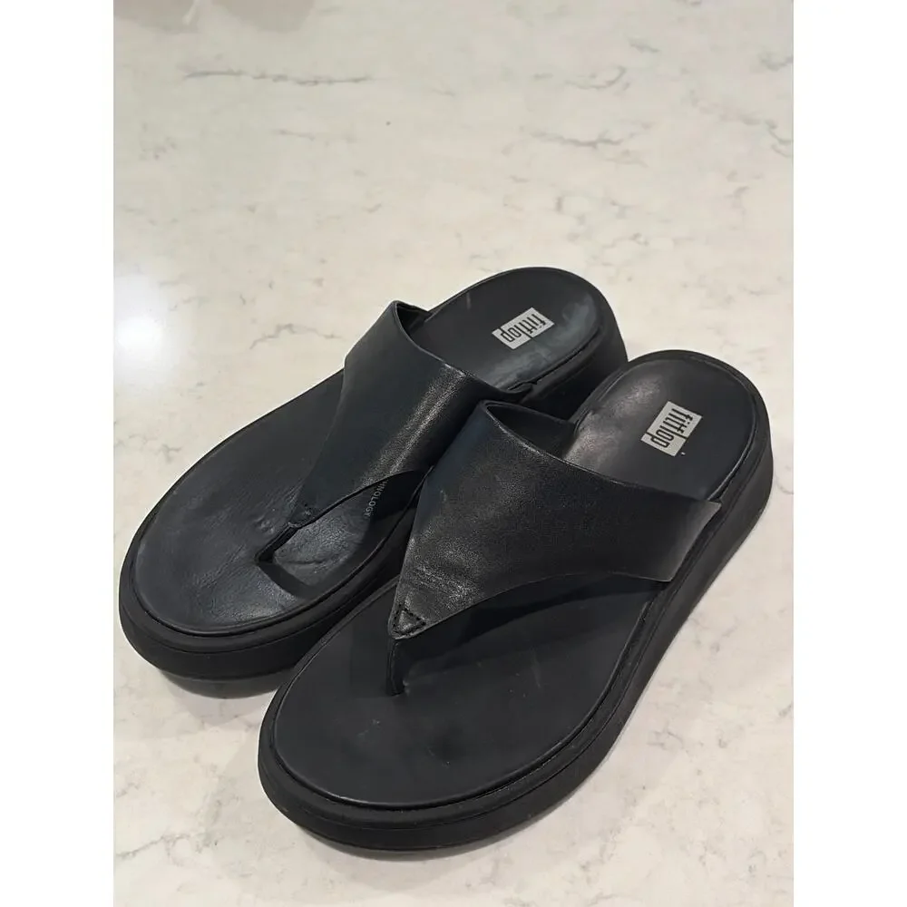 Fitflop Women’s F-Mode Leather Flatform Toe-Post Sandals Slip On Size 6.5 Black